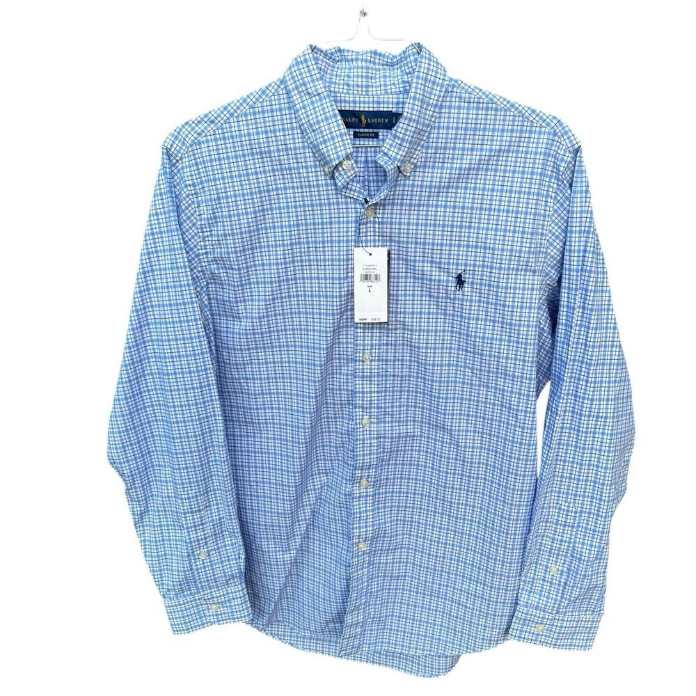 Polo Ralph Lauren Shirt Mens Large Classic Fit Gingham Plaid Blue Button Down